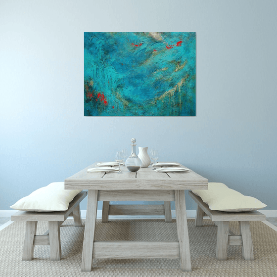 Blue Abstract Seascape Textured Painting Navy, Teal, Red, Silver, Gold. Modern Art with Heavy Texture. Abstract Landscape Contemporary Artwork for Livingroom or Bedroom