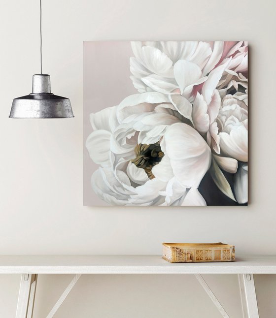 "Gray Silk Peonies" White gray flower oil art