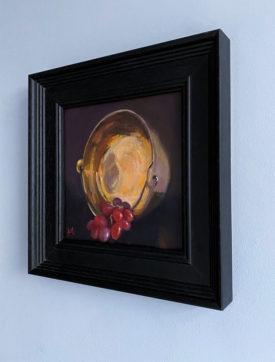 Brass Vintage Pot & Grapes still life original oil painting ideal gift home decor.