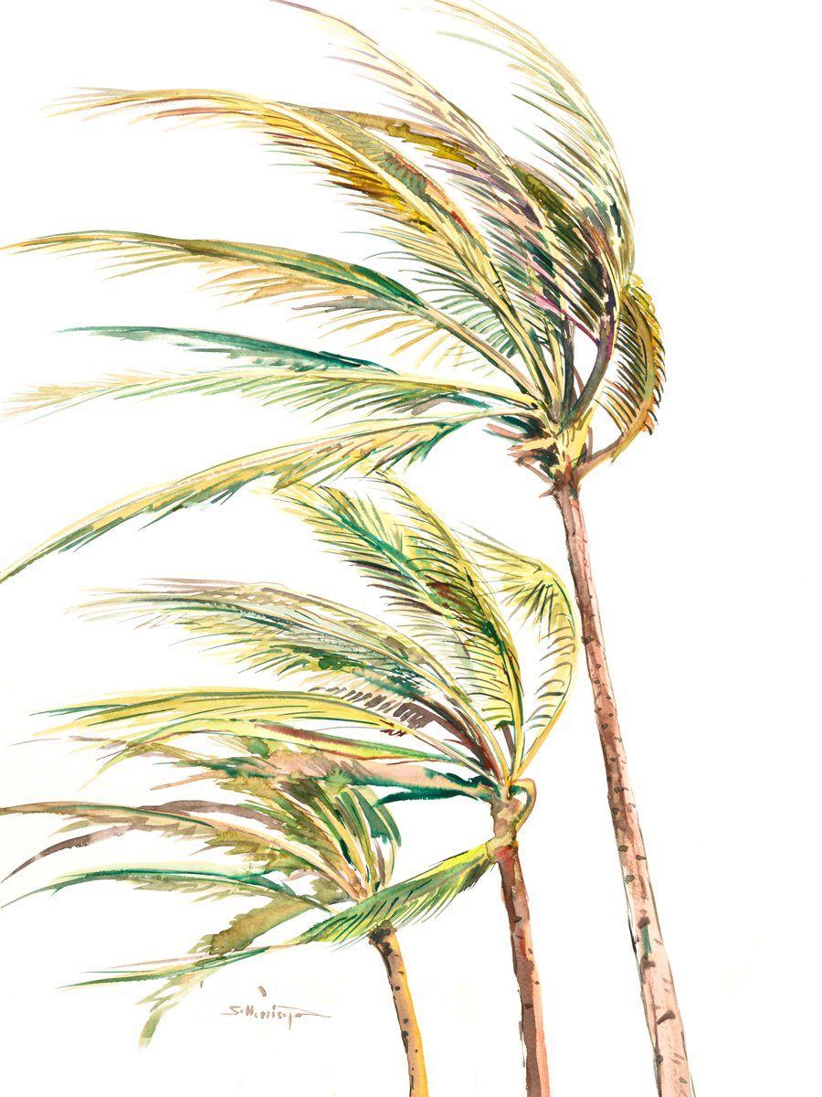 Botanical Watercolour By Suren Nersisyan, 18 X 24", Wind. Coconut Palms, Original Artwork