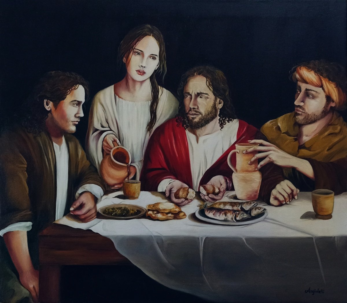 Photorealistic Portrait Oil Painting By Anna Rita Angiolelli, 31 X 28, Cena In Emmaus, Original Artwork