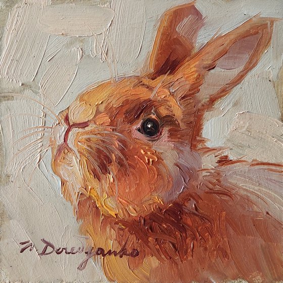 Cute rabbit painting original oil framed 4x4, Small framed art white rabbit black eye artwork yellow background