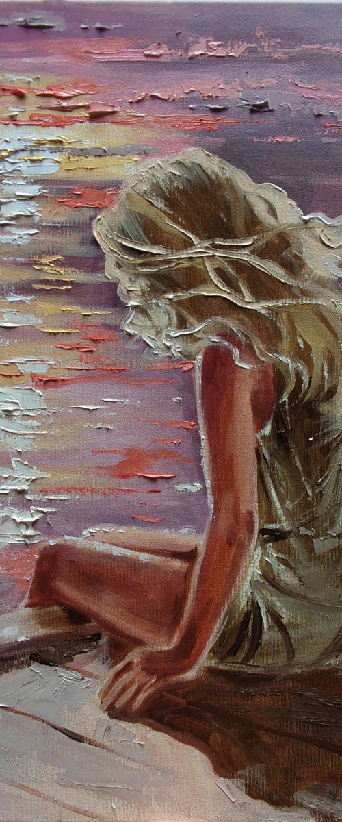 " EVENING ... " SUN SKY SEA SAND liGHt  ORIGINAL OIL PAINTING, GIFT, PALETTE KNIFE by Monika Luniak