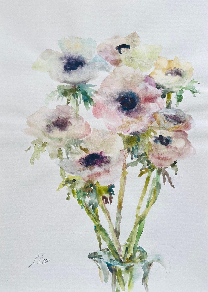 Impressionistic Still Life Watercolour By Elena Klyan, 12 X 16, Anemones 7, Original Artwork