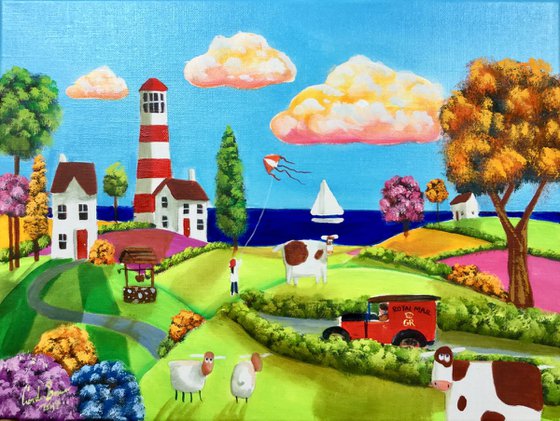 naive art seaside painting red Royal Mail van (Linen canvas)