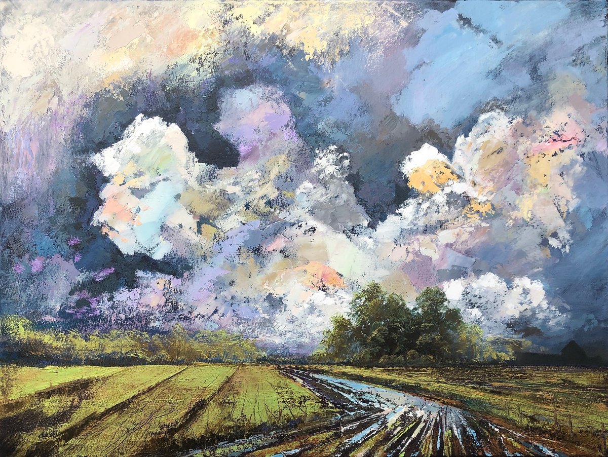 Impressionistic Landscape Oil Painting By Simon Jones, 31 X 24", Storm Over East Marshland 3, Original Artwork
