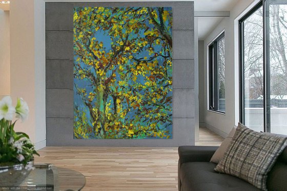 AUTUMN RHAPSODY. RELICT FOREST IN SAMUR - XXL large original painting, oil on canvas,  plants trees, blue yellow, ecology, love, landscape, impressionism,  interior art