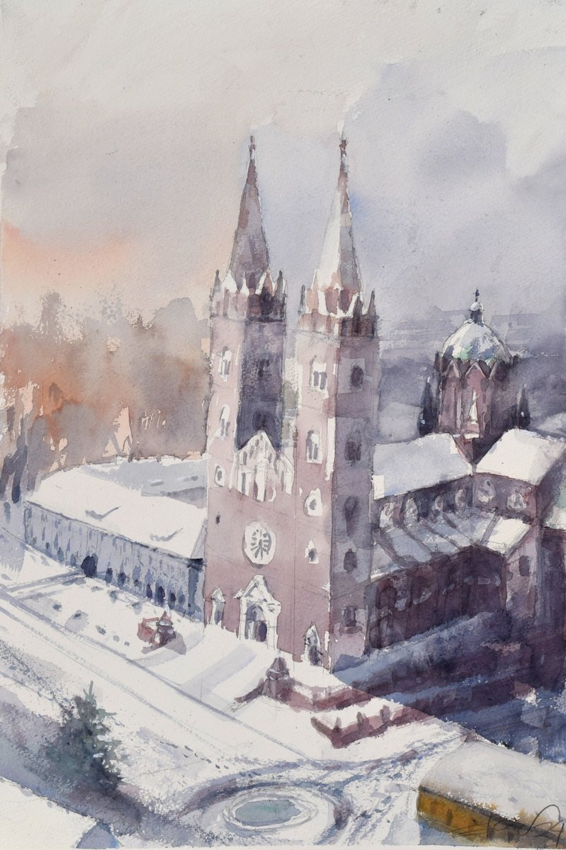 Cityscapes Watercolour By Goran Zigolic Watercolors, 15 X 22, Cathedral In Snow, Original Artwork