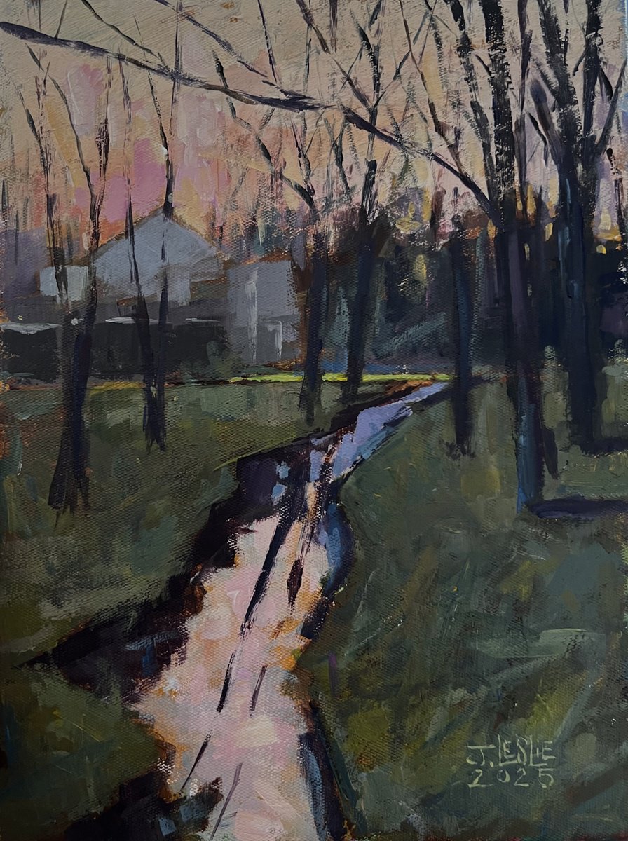 Impressionistic Landscape Acrylic Painting By Jimmy Leslie, 9 X 12, Creek Side At Dawn, Original Artwork
