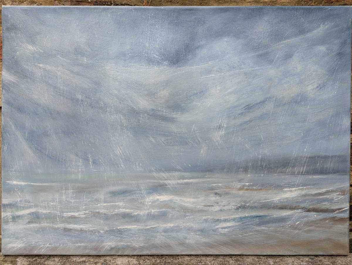 Impressionistic Landscape Oil Painting By Sarah Louise Armstrong, 28 X 20", Rain On The Sea, Original Artwork