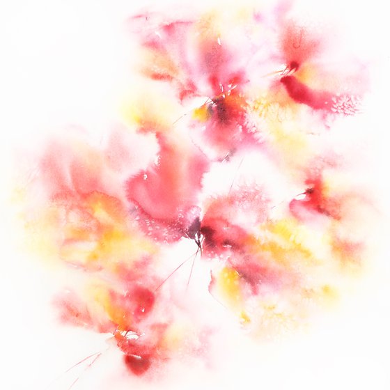 Red and yellow abstract flowers, watercolor floral wall art "Spring color"