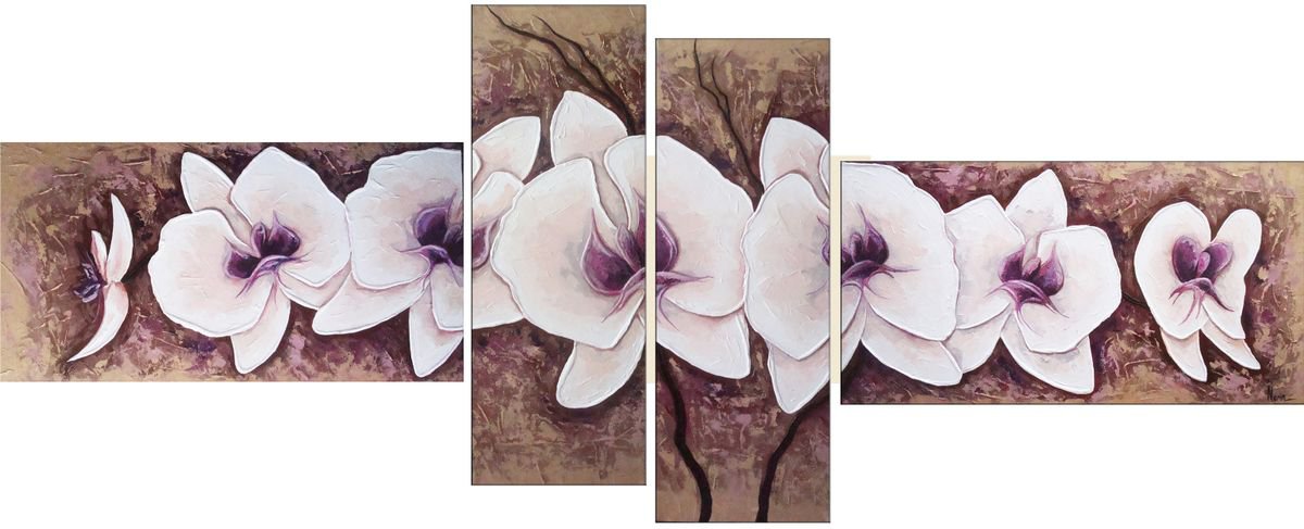 Impressionistic Botanical Acrylic Painting By Narine Vardanyan, 63 X 24", Orchid Elegance, Original Artwork