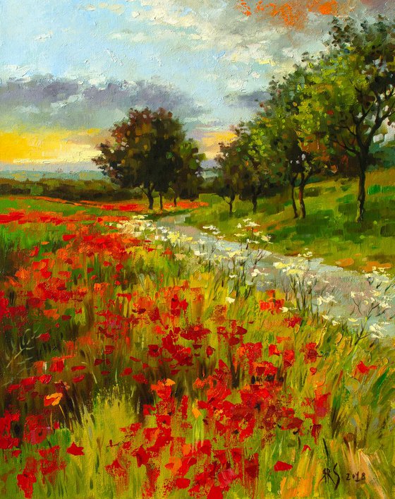 POPPY FIELDS (Modern Impressionistic Landscape Oil Painting, Gift for nature lovers)