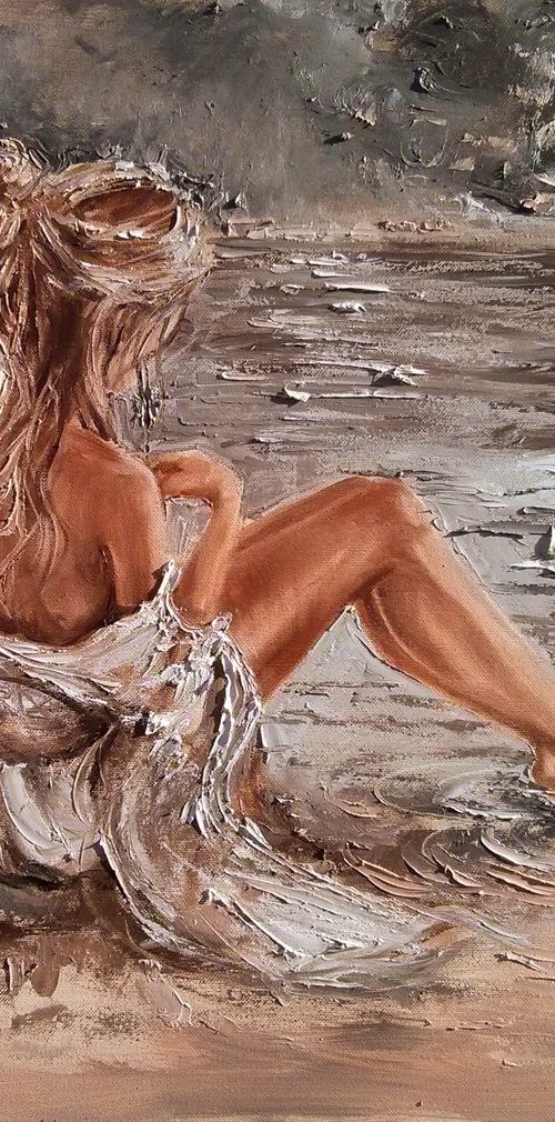 " BEAUTY DAY ... "- SEA SAND liGHt  ORIGINAL OIL PAINTING, GIFT, PALETTE KNIFE by Monika Luniak