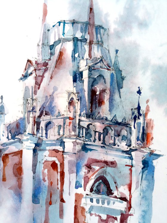 Architectural landscape "Tsaritsyno Park" original watercolor painting