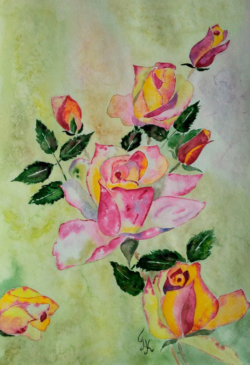 Roses Painting Floral Original Art Flowers Watercolor Artwork Small Wall Art 12 by 17"by Halyna Kirichenko by Halyna Kirichenko