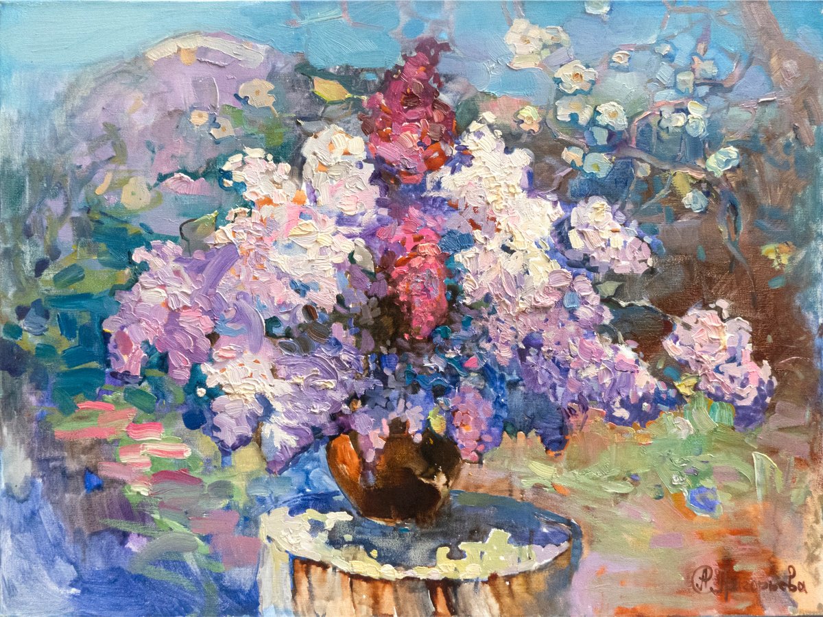 Impressionistic Botanical Oil Painting By Anastasiia Grygorieva, 31 X 24, Lilacs In The Carpathians, Original Artwork