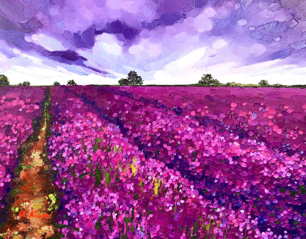 Impressionistic Botanical Oil Painting By Ulyana Korol, 20 X 16", Lavender Evening, Original Artwork