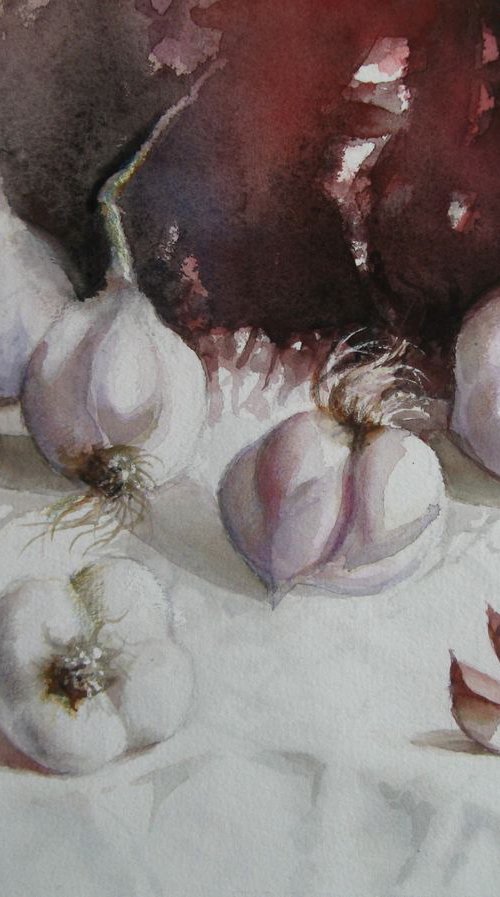 Garlic - still life watercolour by Elena Oleniuc