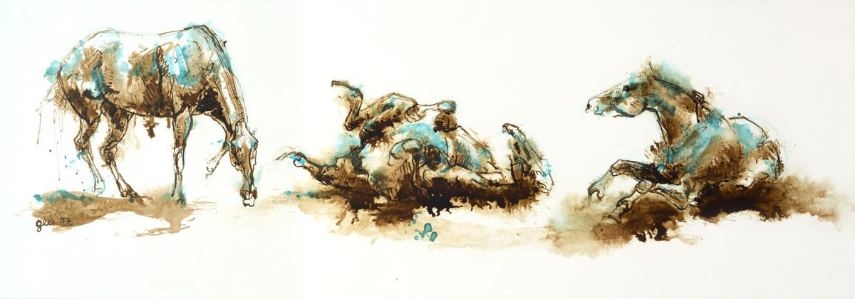 Expressive Animal Acrylic Painting By Benedicte Gele, 47 X 16, Equine Life 2A, Original Artwork