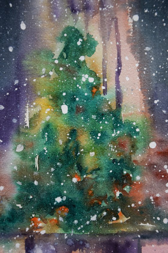 Winter New York watercolor painting, New Year Rockefeller Center, original abstract cityscape, snowy Manhattan