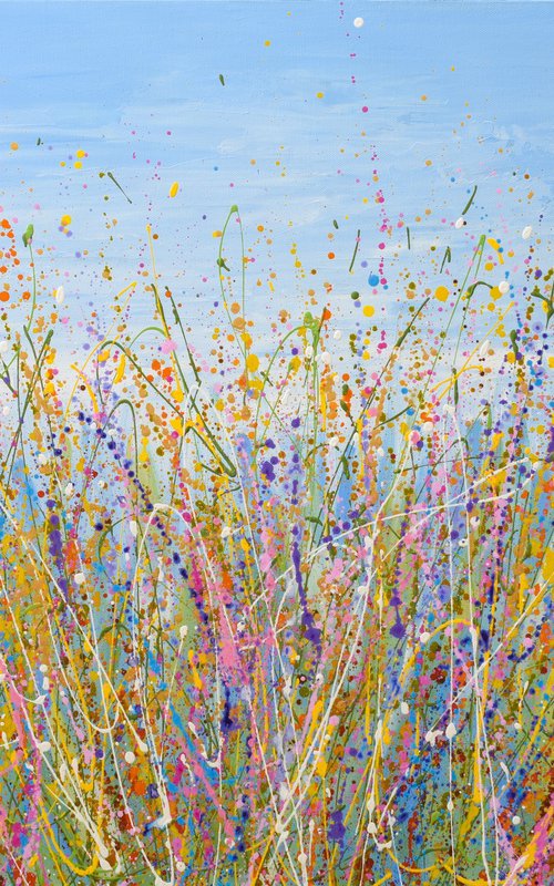 Blue Sky Meadow - Colorful Wildflower Landscape Painting by Olga Tkachyk