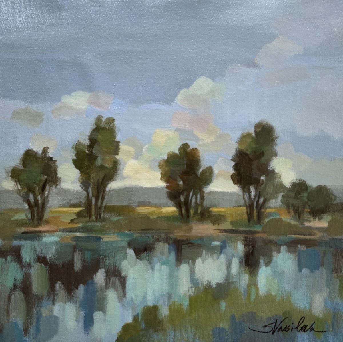 Impressionistic Landscape Acrylic Painting By Silvia Vassileva, 15 X 15", River Reflections, Original Artwork