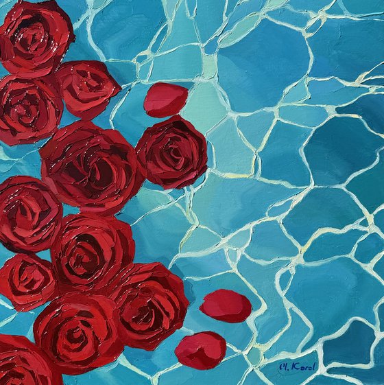 Crimson petals.Blue silence