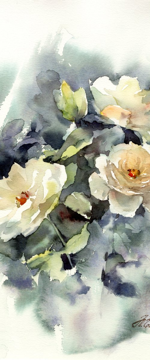 Roses on grey in watercolor, garden flowers on paper by Yulia Evsyukova