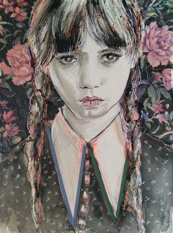 Wednesday Adams - Portrait mixed media drawing on paper