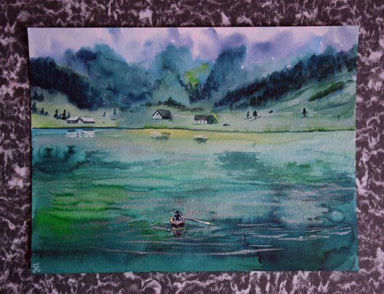 Green mountains lake with boat Watercolor painting