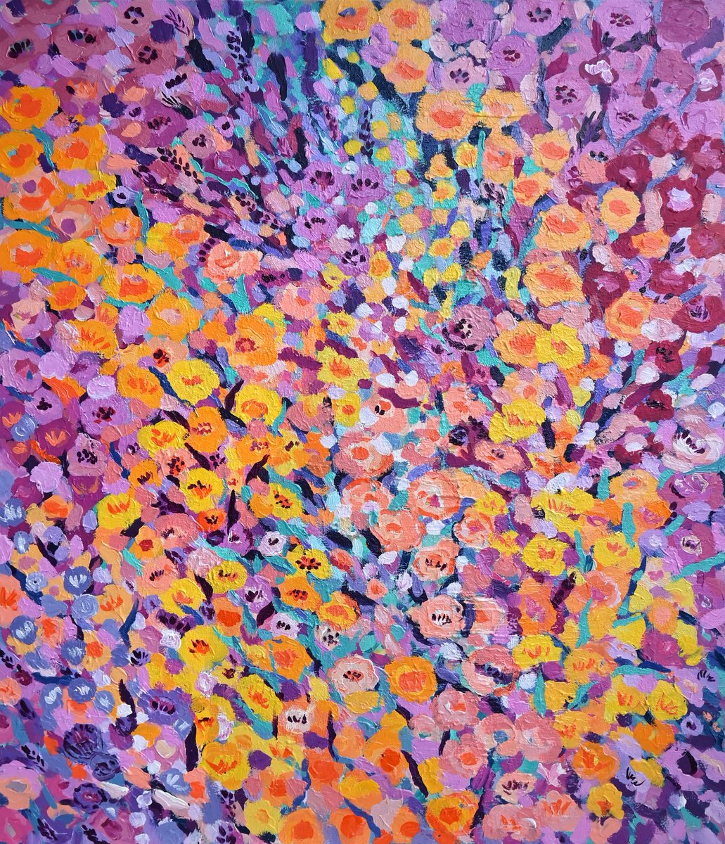 Abstract Acrylic Painting By Mima Taneva, 31 X 39", Flowers, Original Artwork