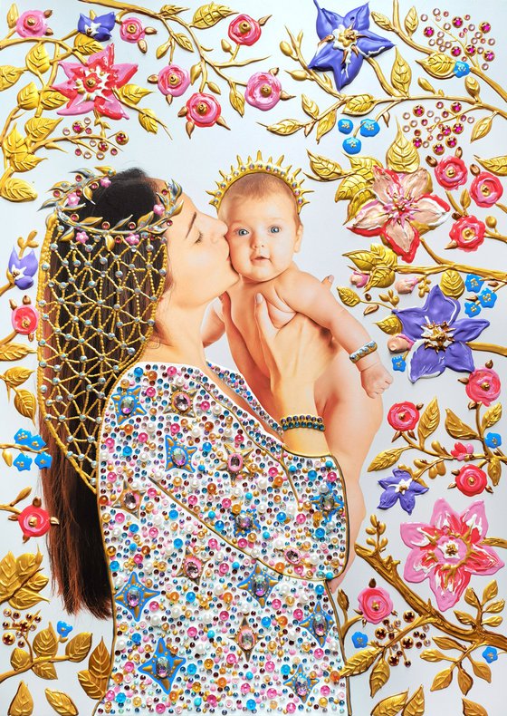 Fantasy photo collage painting Mother and child in fairy garden. Mixed media art with precious stones, rhinestones