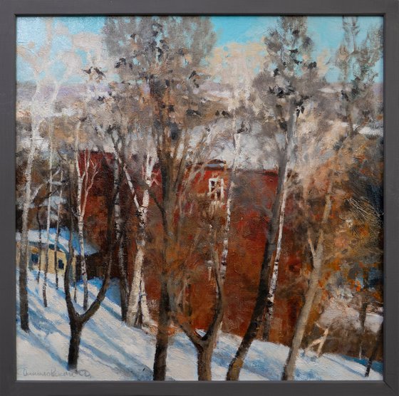 "Spring motif with red house."