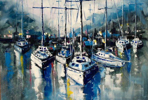 "Quiet harbor " yachts at sea, landscape