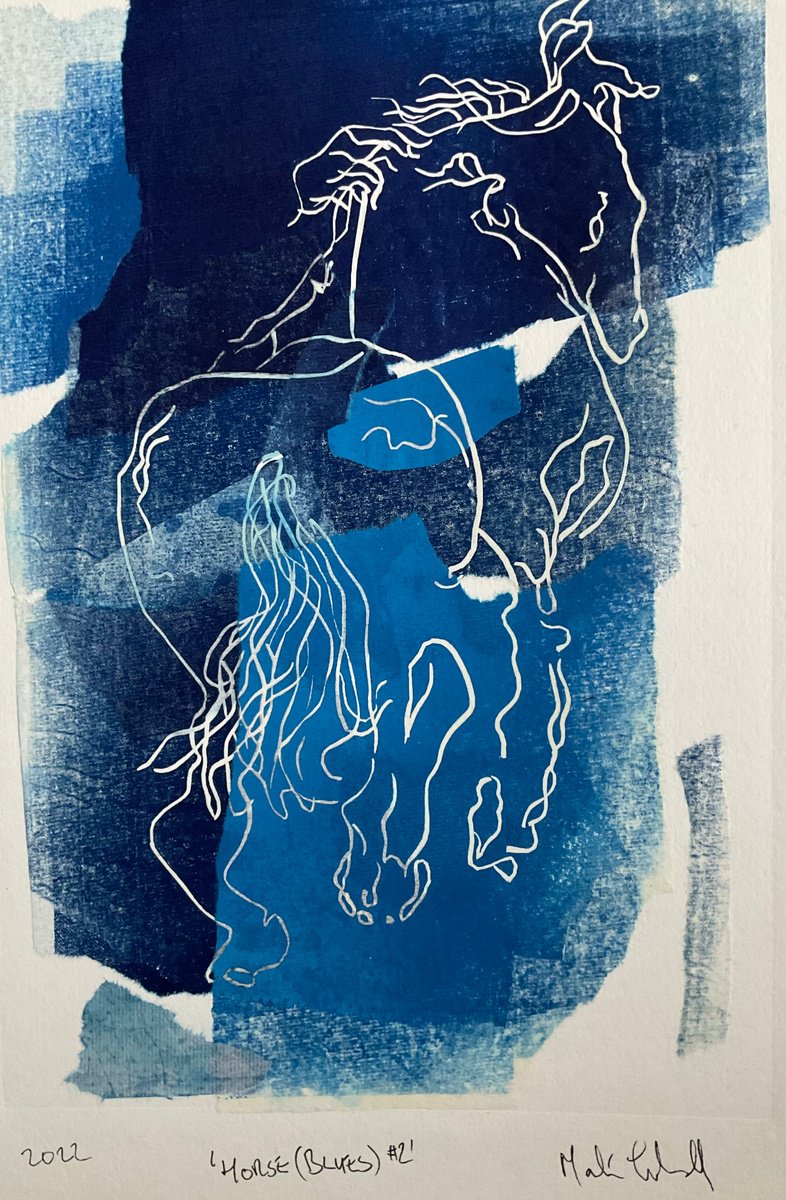 Animal Linocut By Mark Thirlwell, 12 X 17", Horse (Blues)#2, Original Artwork