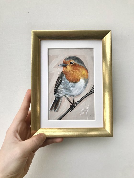 Robin bird Oil Painting golden framed 15x20cm