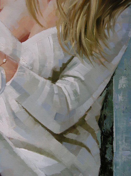 Rainy Day - Sold to a collector in Houston, USA.  (Portrait of a girl with a cup of hot tea. Palette knife original oil painting)