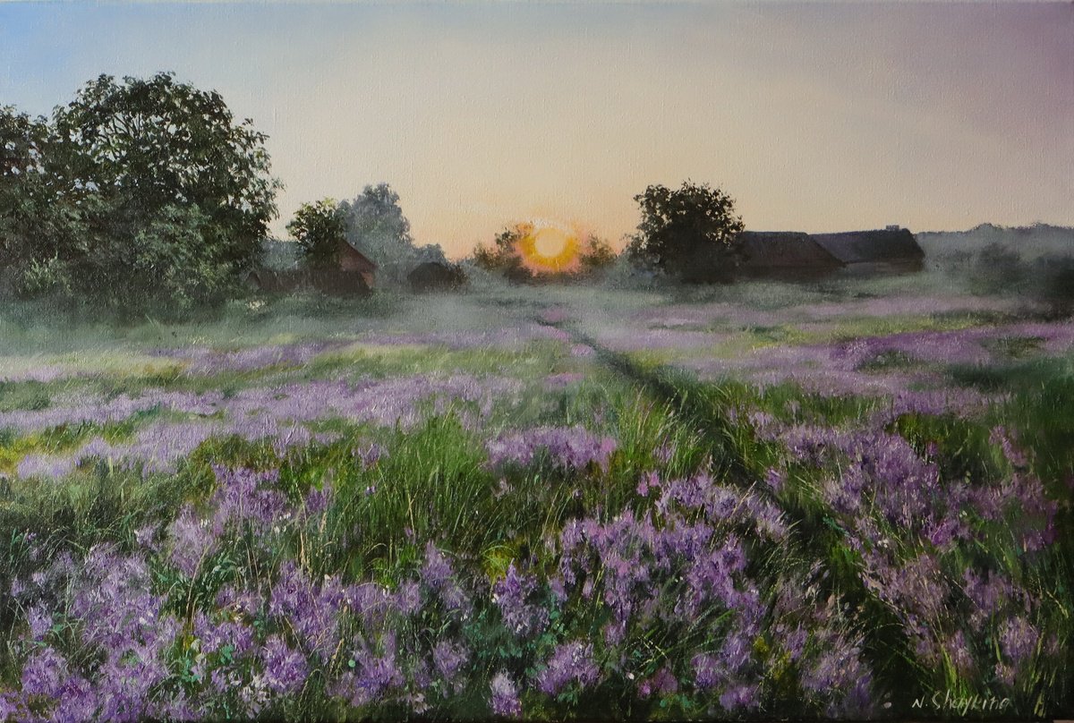 Photorealistic Oil Painting , Purple Meadow At Sunrise By Natalia Shaykina, 24 X 16, Artwork For Sale On Artfinder