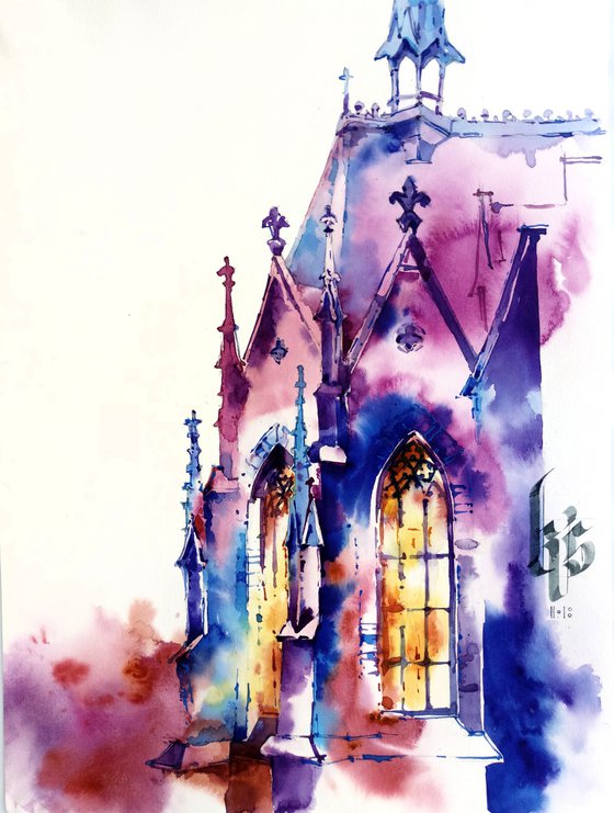 "Gothic cathedral in the evening" original watercolor painting in bright colors