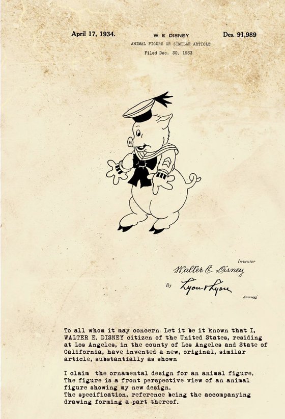 Disney Character Patent Pig 1 - Sepia - Circa 1934