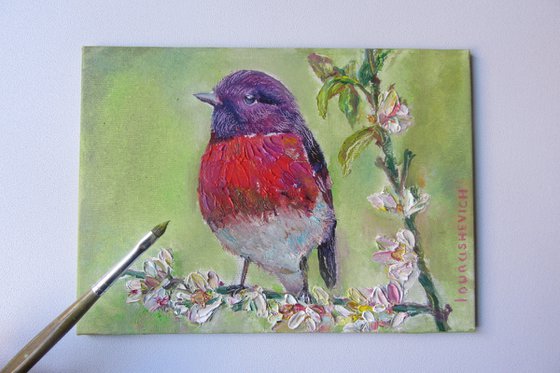 Original Oil Painting 5x7",Eden Bird Mini Art,Colorful Shabby Chic,Burgundy Red,Peaceful Artwork,Canvas Wall Decor,Unframed Impasto Picture