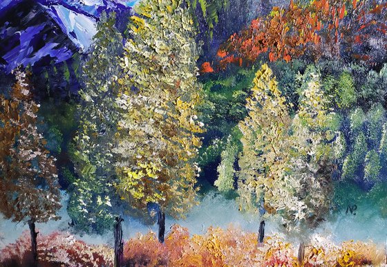 Touch the sky, original autumn landscape with mountains and trees, bedroom art