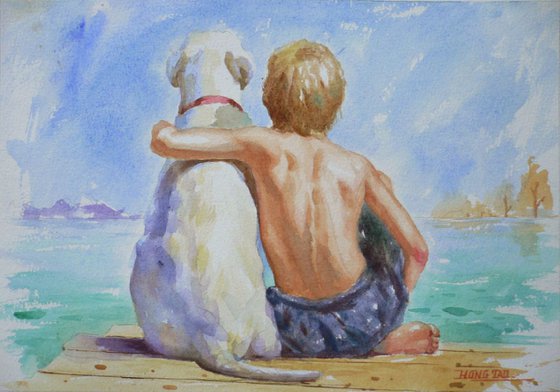 original watercolour painting boy and dog on paper#16-11-18