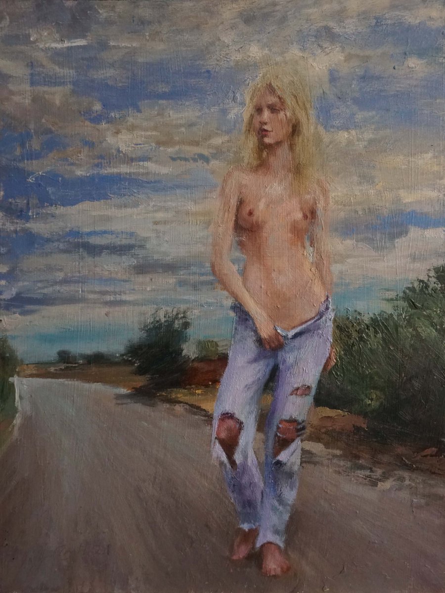 Urban And Pop Portrait Oil Painting By Manuel Leonardi, 12 X 16", Flo In The Clouds, Original Artwork