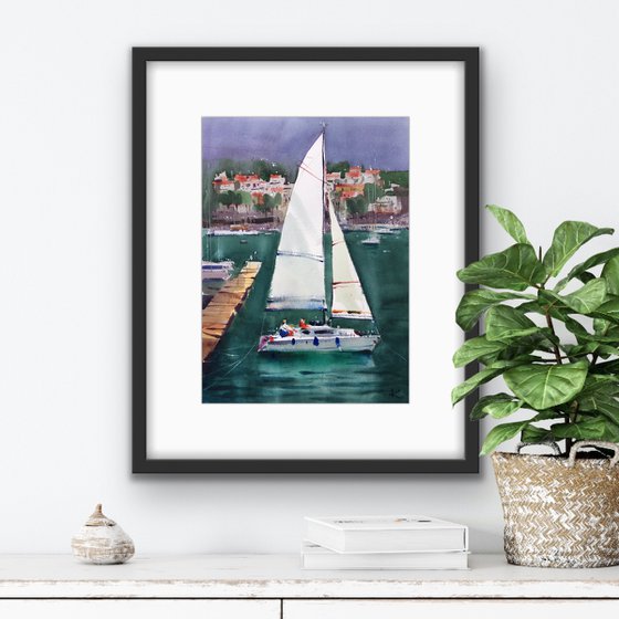 “Yacht. Greece” original art, one of a kind, handmade art