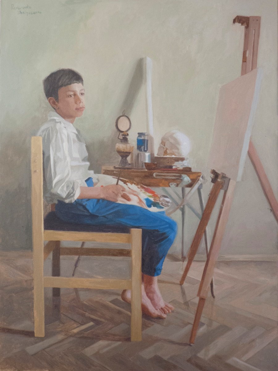 Impressionistic Portrait Oil Painting By Radosveta Zhelyazkova, 24 X 32", Boy Infront A Tripod, Original Artwork