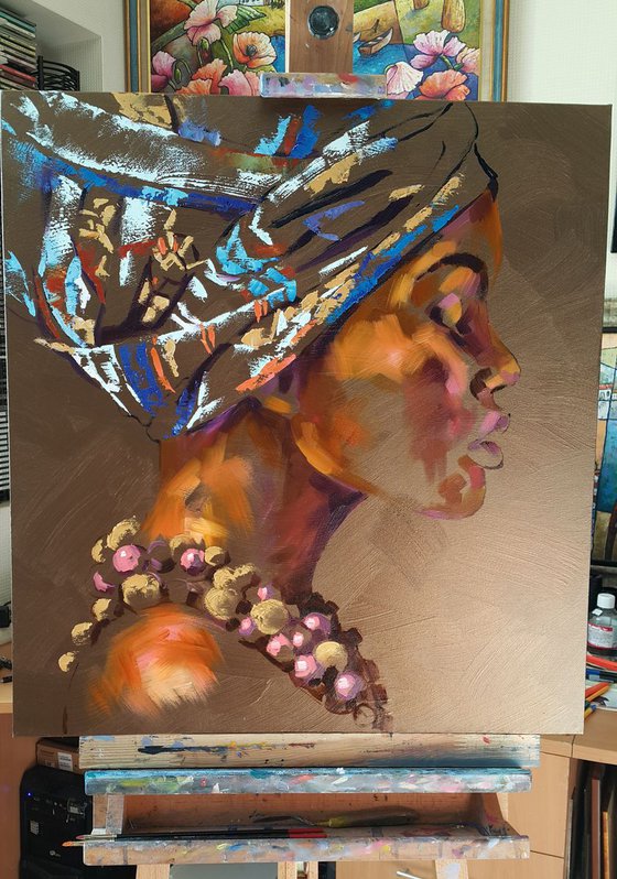 Pearl - portrait of a black woman, original oil painting on canvas