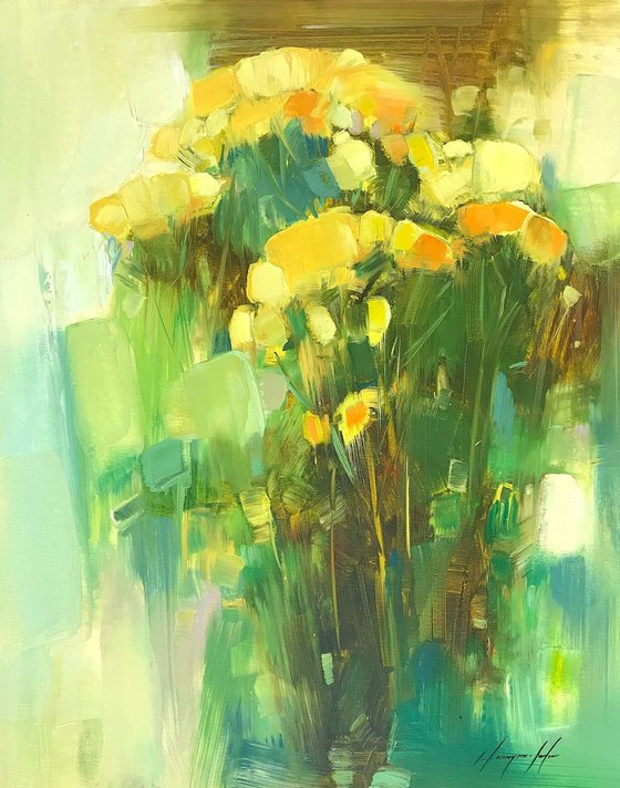 Yellow Flowers, Oil painting, One of a kind, Handmade artwork