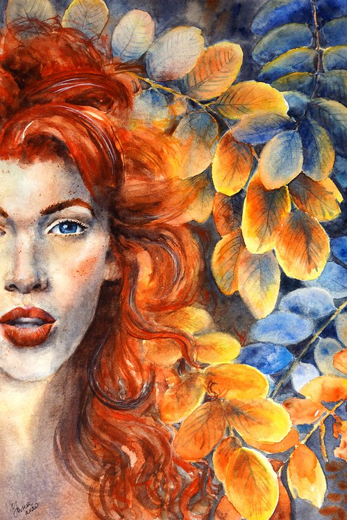 ORIGINAL Watercolor Portrait of a Woman - Flame Leaves - Orange Beauty by Yana Shvets